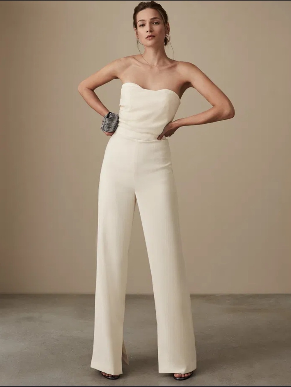 REISS Ivory Vianne Draped Bandeau Wide Leg Slit Hem Jumpsuit Bridal Formal